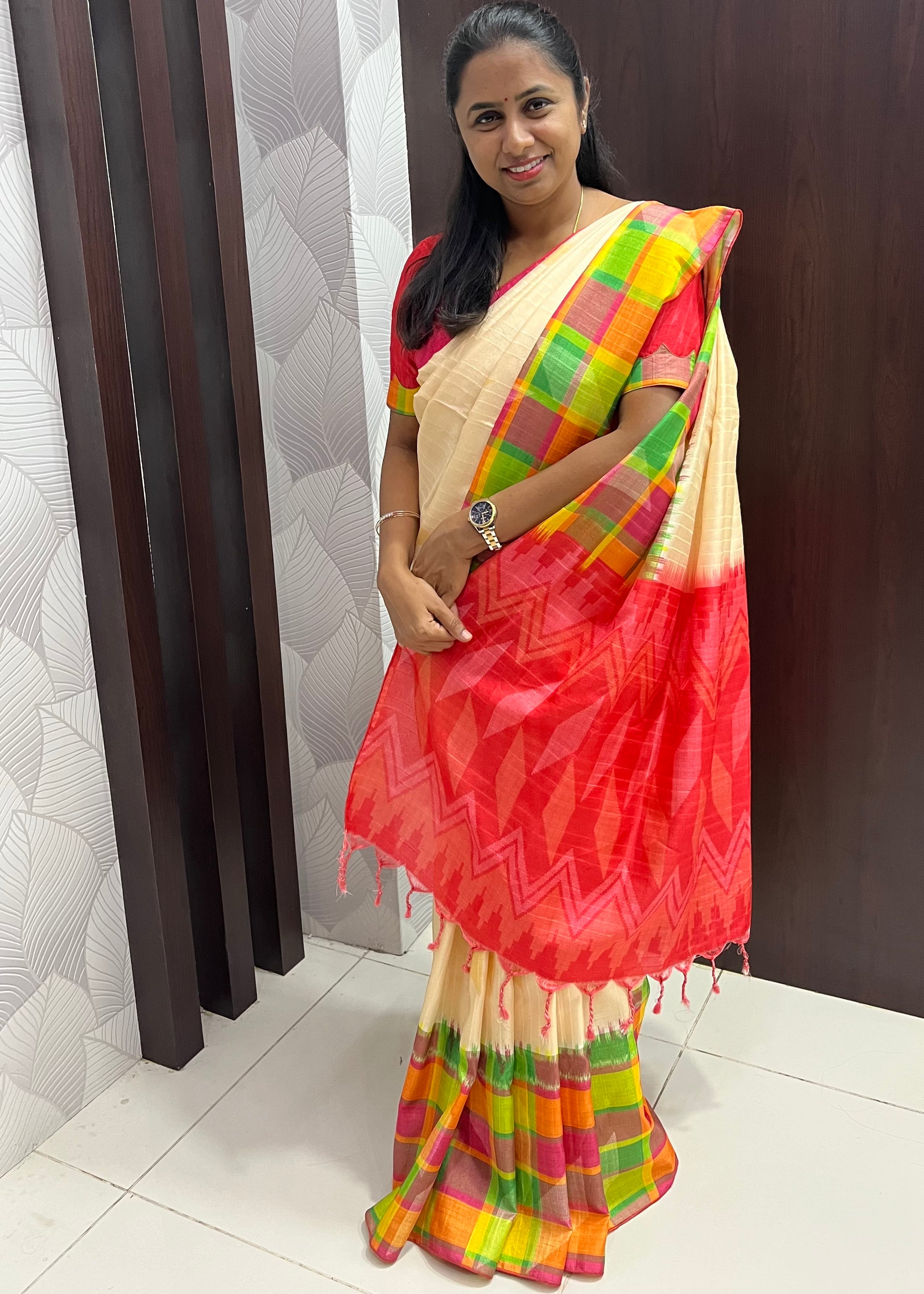 Elegant Malai Silk Saree with Checks Border ZF002